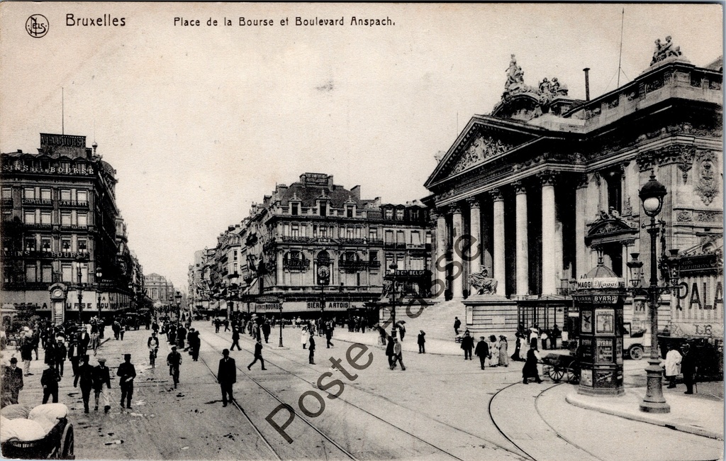 Brussel - "Place de la Bourse et Boulevard Anspach" - Beursplein en Anspachlaan met tramverkeer